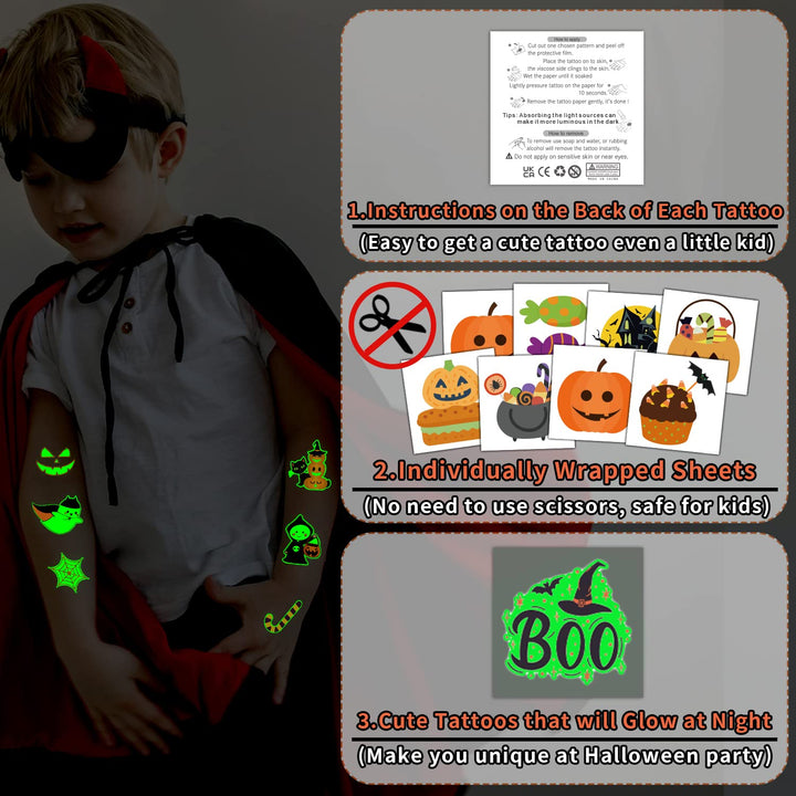 204 PCS Individually Wrapped Sheets Glow Halloween Tattoos for Kids Party Decorations, Luminous Pumpkin Tattoo Stickers, Kids Halloween Treats, Party Supplies