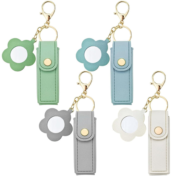 4 PACK PU Leather Potable Chapstick Holder Key Chain Bulk with Mirror, Lipstick Keychain, Lip Balm Organizer Holder Lipstick Travel Makeup Storage Case for Women Girls (Style 1)