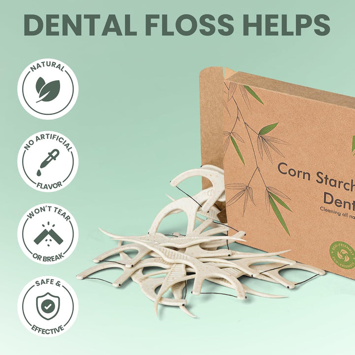 Natural Dental Floss Picks 75 Pack – Organic Biodegradable Floss Sticks with Strong Bamboo Charcoal Thread & Vegan Cornstarch Handle – No Plastics, No Artificial Flavours - Kraft Paper Box