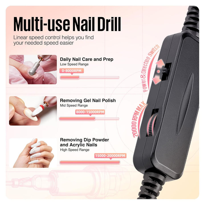 Nail Drill, Portable Electric Nail Drill with 6PCS Nail Drill Bits and Cuticle Oil Pen, Professional Nail File for Acrylic Gel Dip Powder, Manicure Pedicure Nail Set Efile Nail Drill for Salon