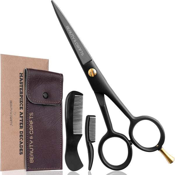 - 5'' German Beard Mustache Scissors - 2 Mustache Comb for Facial Hair with Beautiful Pouch - Beard Trimming Scissors Use for Grooming, Cutting, and Styling of Mustache (Black)