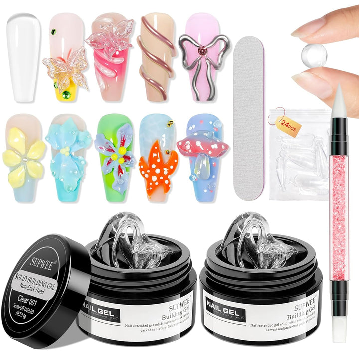 3D Nail Art Gel Clear and White Solid Builder Gel for Nails Non-Stick Hand Sculpture Hard Gels with Dual Form for Carving Patterns Decoration Nail Art Home Manicure DIY for Women