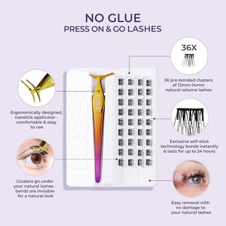 KISS  Falsies Press on Self Adhesive Eyelashes, 12Mm-14Mm Natural Volume Press on Lashes, Black, No Glue Needed, Invisible Band, 20 Lash Clusters & Non-Stick Applicator - Natural