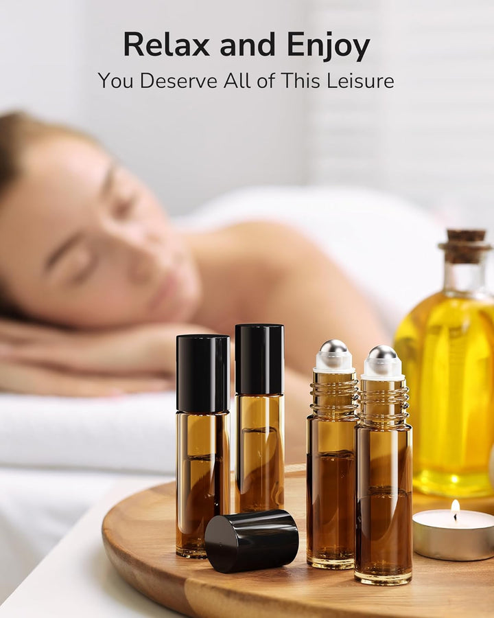 48-Pack Essential Oil Roller Bottles 10Ml, Empty Bottles with Stainless Steel Roller Balls and Waterproof Labels, Amber Roller Balls for Essential Oils