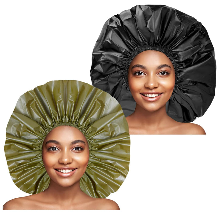 Super Jumbo Shower Cap 2 PCS Waterproof Shower Caps for Women, Extra Large Shower Cap, Reusable Super Large Bath Caps Hair Cap for Long Thick Curly Hair, Locs, Twist Braids - Black + White