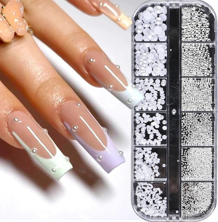 12 Grids Pearl Beads Nail Art Charms Nail Pearls White Pearl Charms for Nails Design Flat Back Pearls for Crafting Manicure Bead Kit Women Nail Beads Fingernail Decorations Cute Beads for Crafts