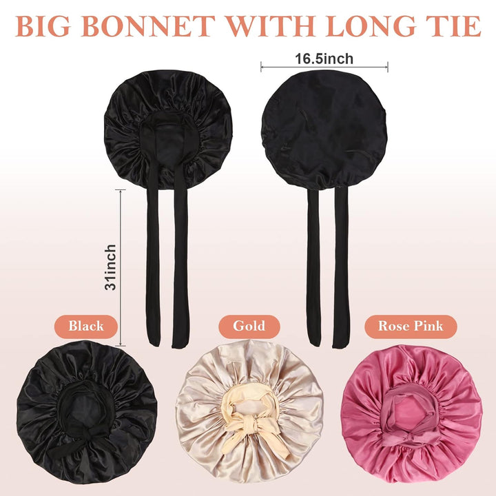 3Pcs Bonnets for Sleeping, Extra Satin Silk Bonnet for Sleeping Women with Tie Band for Curly Hair Jumbo Bonnet Braids
