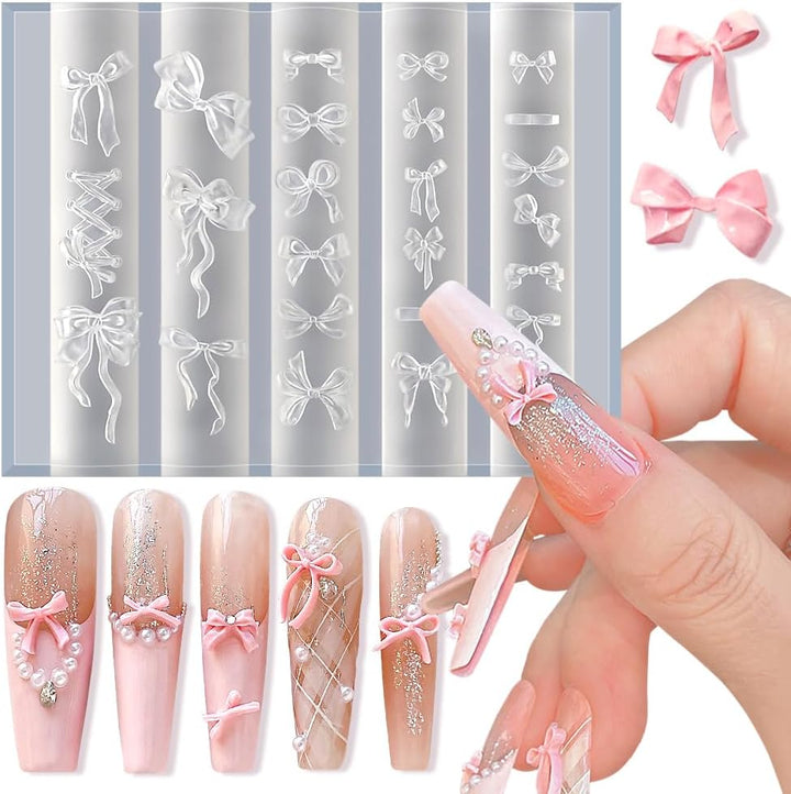 Bowknot Silicone Nail Molds, 3D Gel Nail Art Sculpture Bow Mold DIY Bow Charms for Nails Design Silicone Molds Cute Bows Nail Template Stencils Reusable Manicure Carved Mould Resin Mold
