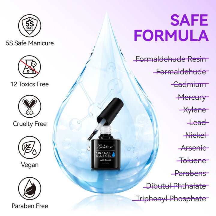 Gel Nail Glue for Press on Nails: 6 in 1 Strong UV Nail Glue for Nail Tips and Acrylic Fake Nail - Long Lasting 28 Days Quick Dry - Beginner Friendly DIY for Home Salon