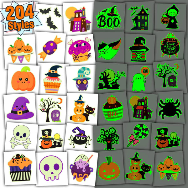 204 PCS Individually Wrapped Sheets Glow Halloween Tattoos for Kids Party Decorations, Luminous Pumpkin Tattoo Stickers, Kids Halloween Treats, Party Supplies