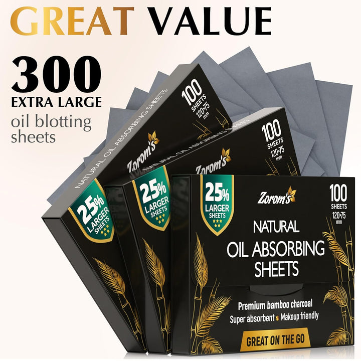 Natural Oil Blotting Sheets for Face with Bamboo Charcoal - 25% Larger - 3Pk/300 Makeup Friendly Oil Absorbing Sheets for Face - Easy Dispensing Blotting Papers