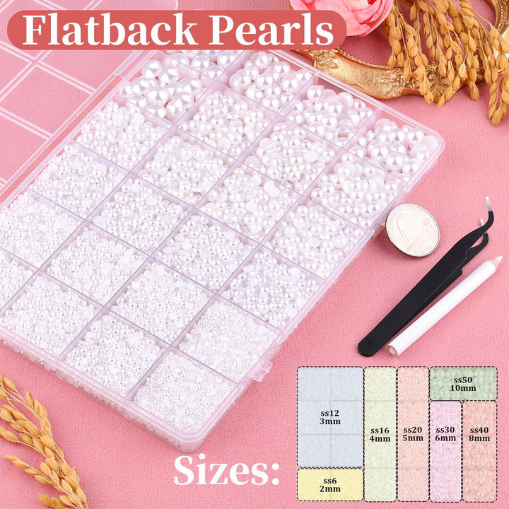 16500Pcs Flatback Pearls for Crafting (White), Assorted Size 2/3/4/5/6/8/10Mm Half Pearl with 3Pcs 10Ml B7000 Jewelry Glue, Bedazzling Kit for DIY Crafts Clothing Tumbler Shoes Embellishment Nail Art