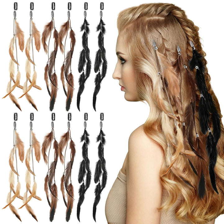 12 Pcs Clip in Hair Feathers Extensions for Women Colored Boho Feather Hair Clips Halloween Cosplay Costume Carnival Party Headdress Accessory Gifts(Brown, Black, Dark Coffee,Standard)