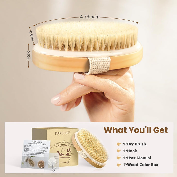 Dry Brushing Body Brush, Natural Bristle Dry Skin Exfoliating Brush Body Scrub for Flawless Skin, Cellulite Reduction, Lymphatic Drainage and Blood Circulation Improvement