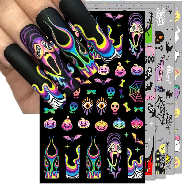 Halloween Nail Art Stickers, Gradient Pumpkin, Horror Mask Nail Decals, 3D Self-Adhesive Spider-Web Bat Design for DIY Nail Supplies Decoration (5 Sheets)