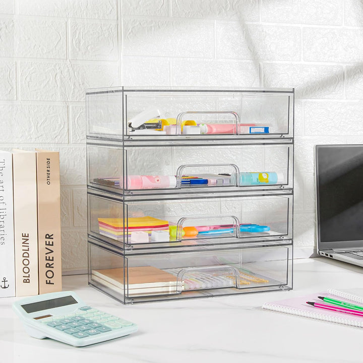 12.1''W Clear Stackable Storage Drawers,2 Pack Acrylic Plastic Organizers Bins for Makeup Palettes, Cosmetics, and Beauty Supplies,Ideal for Vanity, Bathroom,Cabinet,Desk Organization