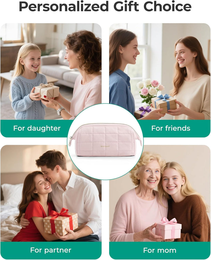 Makeup Bag Travel Toiletry Bag, Puffy Padded Make up Bags for Women Makeup Organizer Case, Wide-Open Pouch Purse Travel Essentials Toiletries Accessories Brushes, Pink