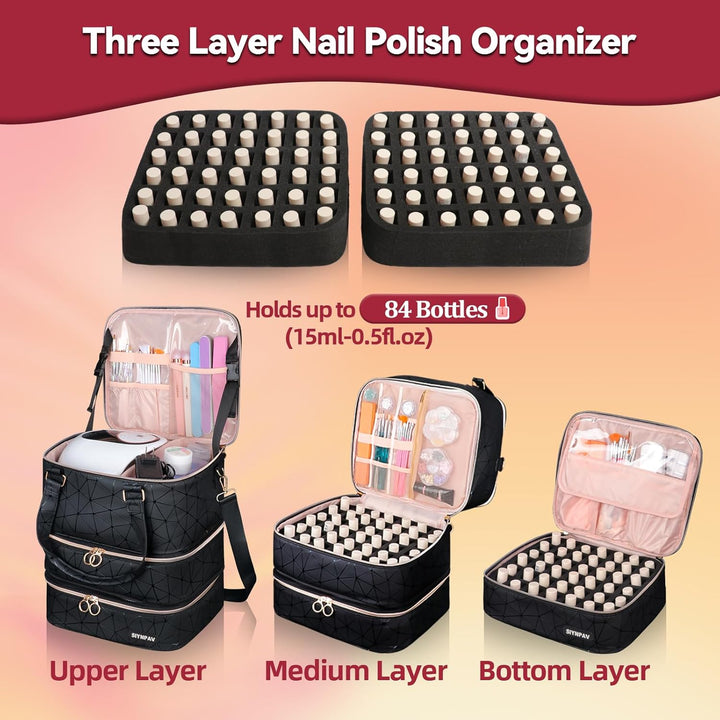 Nail Polish Organizer Bag Holds 84 Bottles (15Ml/0.5Fl.Oz)& Nail Lamp, 3 Layers Detachable Nail Kit Storage Case PU Leather, Large Travel Nail Supplies Shoulder Bag for Manicure Tools (Black)