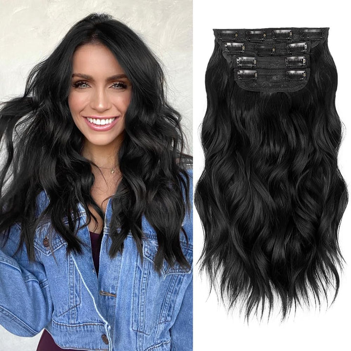 Clip in Long Wavy Synthetic Hair Extension 24 Inch Black 4PCS Thick Hairpieces Fiber Double Weft Hair for Women