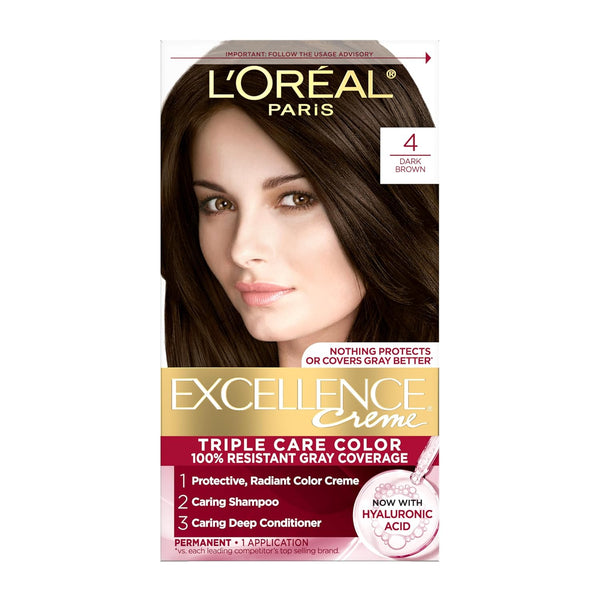 Excellence Crème Permanent Hair Dye, Triple Care Hair Color with Pro-Keratine Complex for 100% Gray Hair Coverage, 4 Dark Brown, 1 Kit