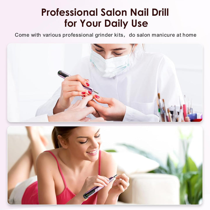 Cordless Nail Drill Electric File: Professional for Acrylic Gel Dip Powder Nails Portable Nail Drill Machine Kit for Manicure Pedicure Nail Set with Everything Rechargeable Lightweight