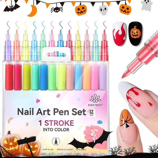 Nail Art Pens Set 12 Colors - Halloween Neon Colors 3D Nail Polish Acrylic Paint Pens Quick Dry Nail Markers for Halloween Nail Art Drawing Painting Dotting Liner Pen DIY Manicure Tools