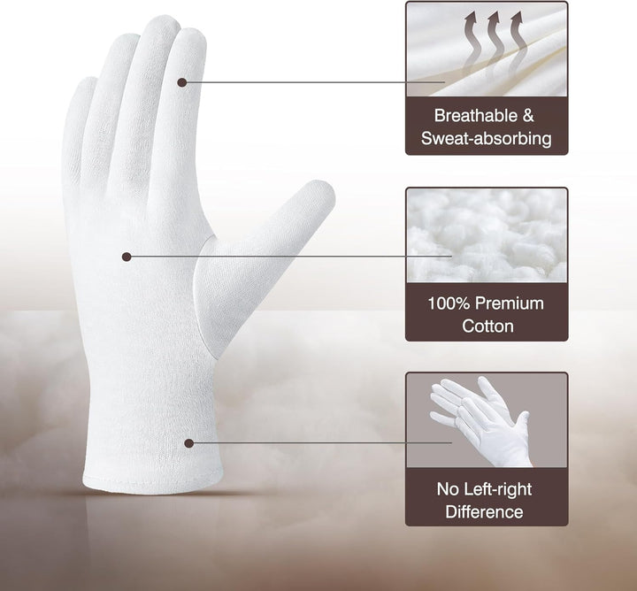 100% Cotton Gloves, 6 Pairs White Cotton Gloves for Dry Hands Moisturizing & Eczema, Overnight Lotion, Sleep & Spa Treatment for Women & Men, Breathable Work Glove Liners, Medium Size