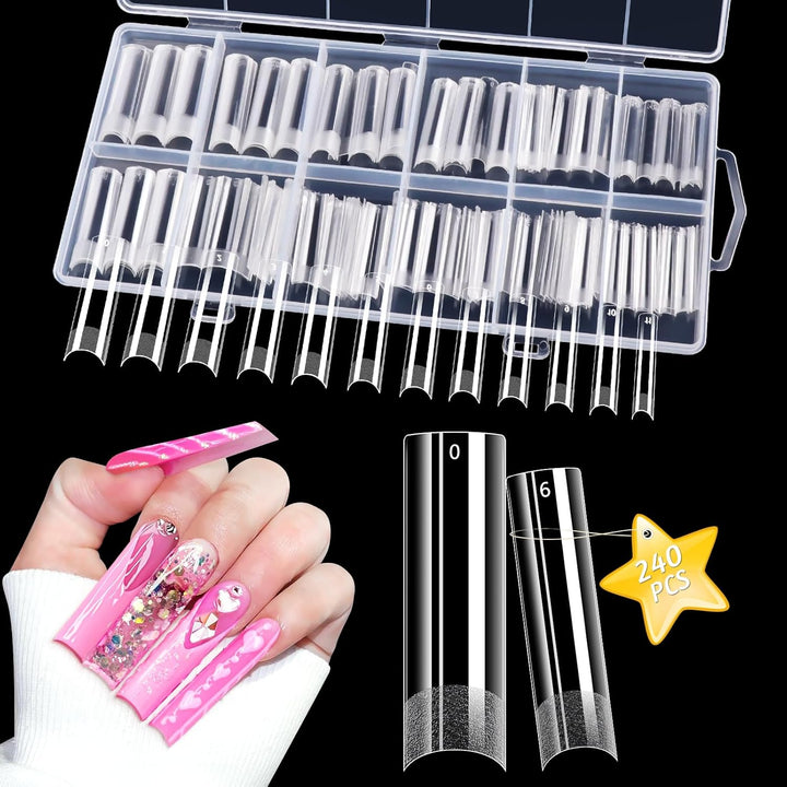 504 PCS No C Curve Clear Nail Tips for Acrylic Nails Professional, 3XL Extra Long, 12 Sizes Half Cover Straight Tapered Square French Fake Nail Tips for Nail Salons Home DIY