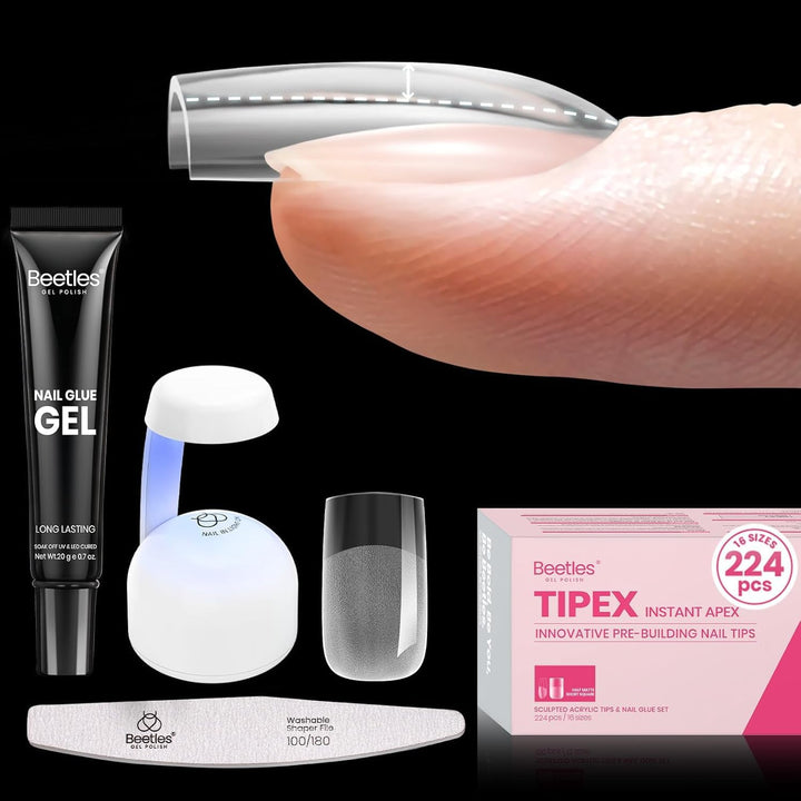 Beetles Tipex Nail Kit, Square Medium Nail Tips 224 Pcs 16 Sizes Pre-Etched Fake Nails with Tipex Nail Glue Mini Nail Lamp - Thick Acrylic Nail Set Pre-Builder Gel Press-On Nails