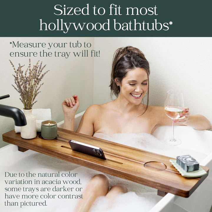 Premium  Bathtub Tray for Freestanding Bath | Large & Thick 35” Acacia Wood Luxury Bath Tray for Tub | Anti-Tip, Non-Toxic, Adjustable Bathtub Trays for Tub with Bathroom Accessories Holder