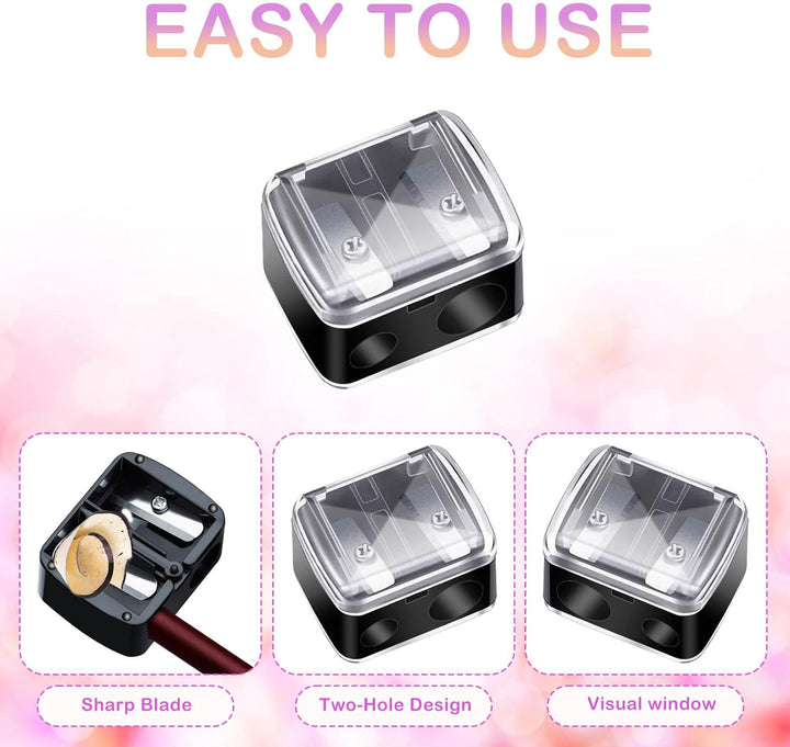 Makeup Pencil Sharpener, 4 Pack Dual Hole Cosmetic Pencil Sharpener for Lip Liner Eyeliner and Brow Pencils, Cosmetic Manual Tools for Women and Makeup Artists,Stainless Steel Blades and Plastic Cover