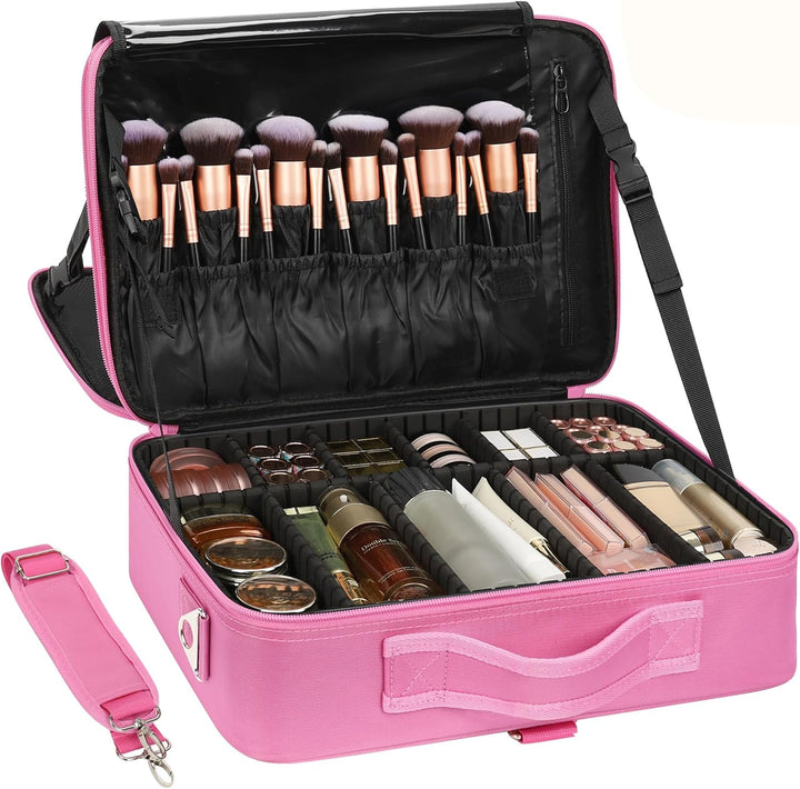 Makeup Case Large Makeup Bag Professional Train Case 16.5 Inches Travel Cosmetic Organizer Brush Holder Waterproof Makeup Artist Storage Box, 3 Layer Large Capacity, with Adjustable Strap