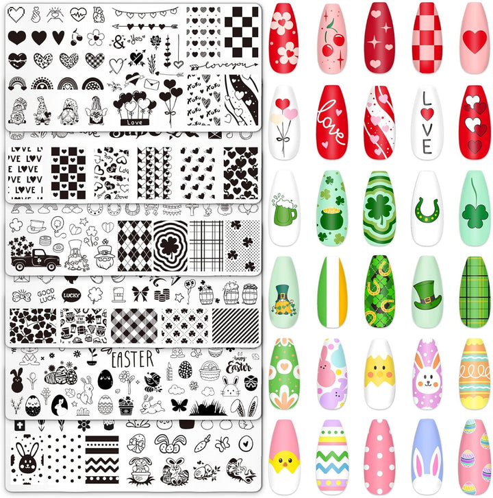 6Pcs All Holiday Nail Art Plates Valentines Stamptemplates Set Winter Christmas Fall Nail Plates Stamping for Xmas DIY Print Manicure Salon Design Gift