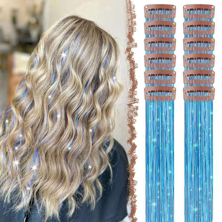 Colored Clip in Hair Extensions - 10 PCS Skyblue Light Blue Highlighted Hair Piece Straight Synthetic Clip in Hairpieces for Women 22 Inch