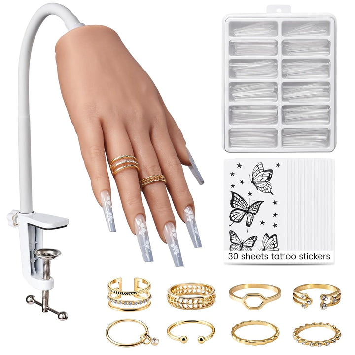 Practice Hand for Acrylic Nails: Realistic Silicone Nail Hand Practice with Tattoo Stickers - Flexible Fake Hand Mannequin Nail Hand Kit for Beginners