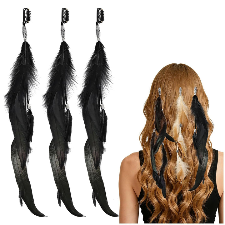 Feathers Hair Extensions for Women Boho Clip-In Hair Feather Accessories for Carnival Halloween Party Performances Photo Shoots, Brown Black Dark Coffee(3 Pcs)