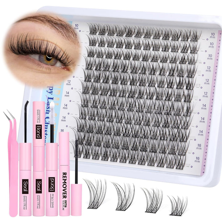 Natural Lash Clusters Kit DIY Lash Extension Kit Wispy Eyelash Extension Kit C-Curly Individual Lashes Kit 9-12MM Short Eyelash Clusters with Lash Remover by