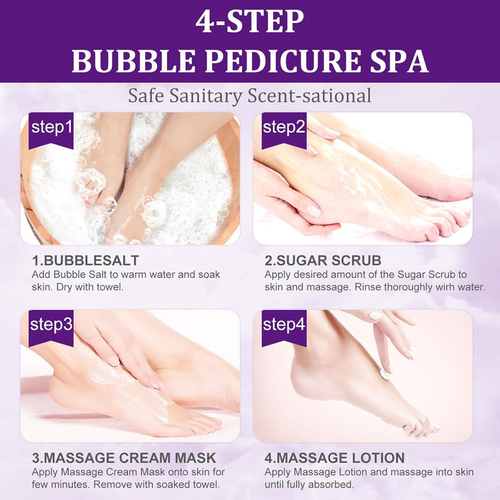 Pedicure Kit Foot Soak Set: Bubble Salt, Sugar Scrub, Massage Mask, Massage Lotion in a Box, 4 Step Foot Spa Kit for Dry Feet,Tired Feet（1 Set Lavender)