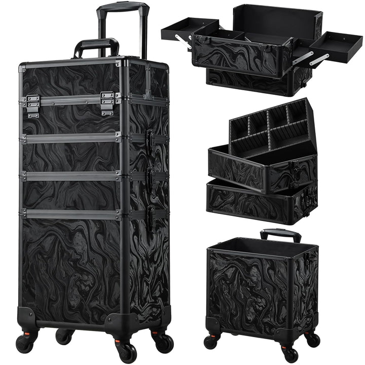 Rolling Makeup Case Cosmetology Case on Wheels 4 in 1 Large Cosmetic Organizer Train Case Makeup Travel Case with Key Swivel Wheels Nail Artist Salon Storage Traveling Cart Trunk Black