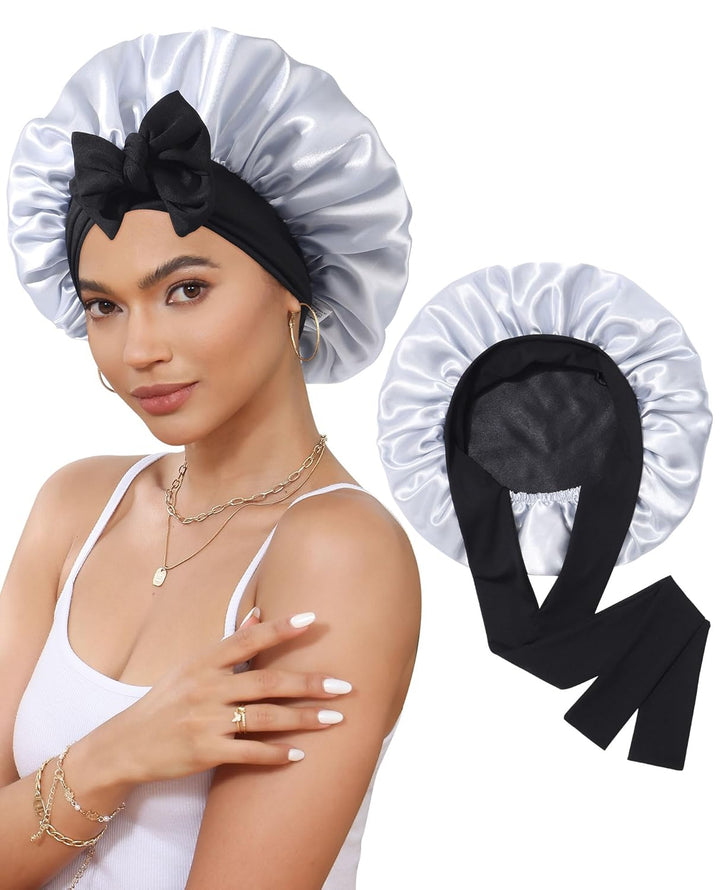 Satin Bonnet for Sleeping Cap Double Layer Hair Bonnet with Elastic Tie Band for Curly Hair Night Cap (Bean Paste + Pink)