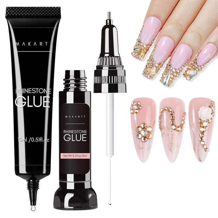 Nail Rhinestone Glue Set - Gel Nail Glue for Rhinestones, 3D Art Design Super Strong Adhesive for Charm Gems Jewel Crystal Beads Diamonds, 15Ml & 8Ml, Easy Use, Cured Need