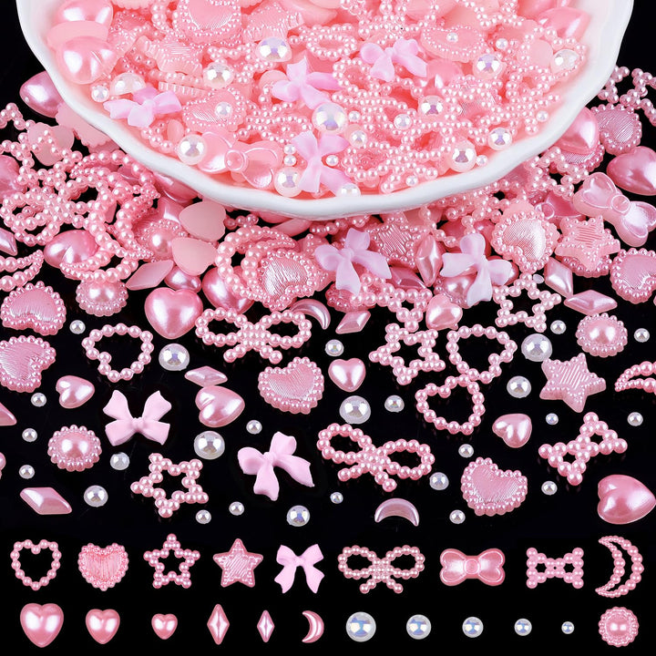1200Pcs 3D Multi Shapes Nail Charms and Flatback Pearls, White&Pink Mix Styles Heart Star Bow Sunflower Embellishments for Nail Art, Craft and Decoration with Tweezer and Pickup Pencil