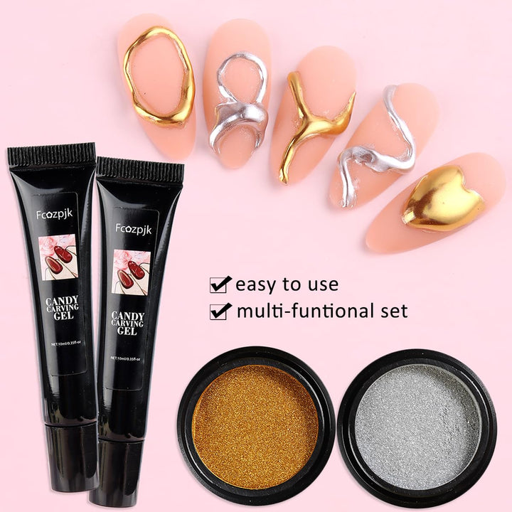 3D Sculpting Gel for Nail Art, 2PCS 10G Clear 3D Gel Liner Polish Carving Modeling Gels for Nail Design, 5D Embossed Candy Gels with Gold Silver Chrome Powder Kit