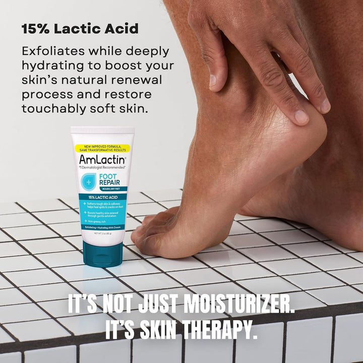 Foot Repair Cream - Therapeutic Foot Cream for Dry Cracked Heels and Feet - No-Scrub Exfoliator and Moisturizer with 15% Lactic Acid AHA - 3 Oz (Packaging May Vary)​