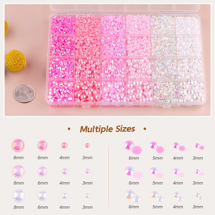 9000PCS Flatback Pearls and Pink Rhinestones for Bedazzling Kit, Pink White 3-10Mm Resin Rhinestones Gems and Half Pearls for Crafting, Nail Art and Grad Cap Decor with B7000 Jewelry Glue