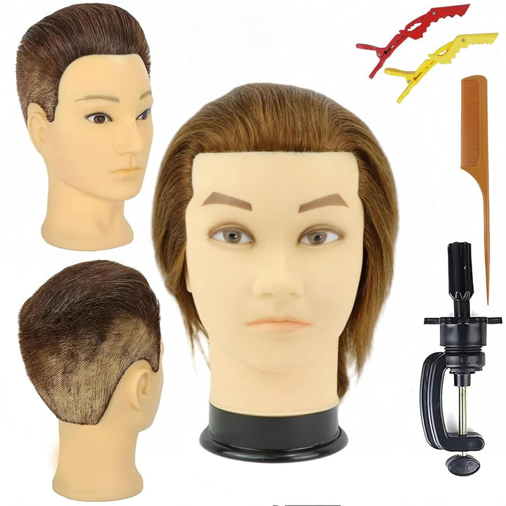 Mannequin Head Human Hair for Hair Styling, Barber Mannequin Head Male with 100% Human Hair and Beard Cosmetology Training Manikin Head with Stand