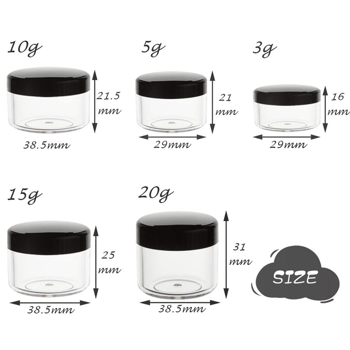 10Pcs Small Travel Containers, Black Sample Jars with Screw Lids, 5 Size 3/5/10/15/20 Gram, 12Pcs Labels and 2Pcs Mini Disposable Spatula, Makeup Sample Containers BPA Free