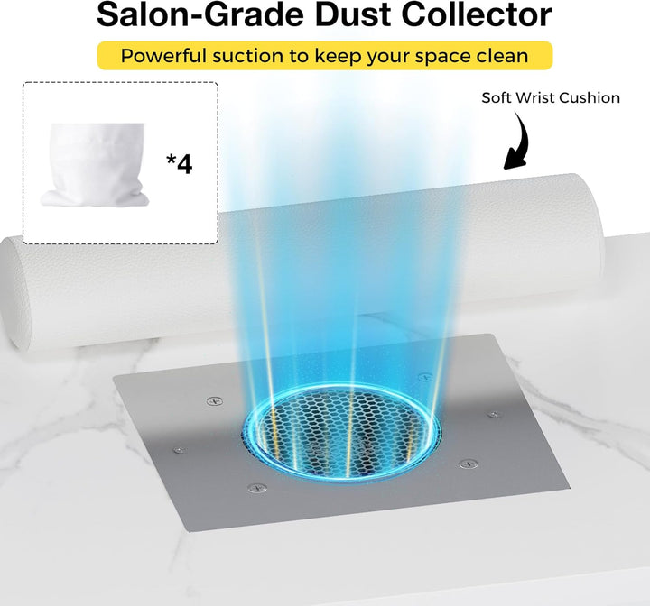 Portable & Foldable Manicure Table W/Dust Collector, Rolling Nail Tech Desk W/Led Light Lamp, Wrist Cushion, Lockable Wheels, Carrying Case, for Home Travel Beauty Salon Workstation (Marble White)