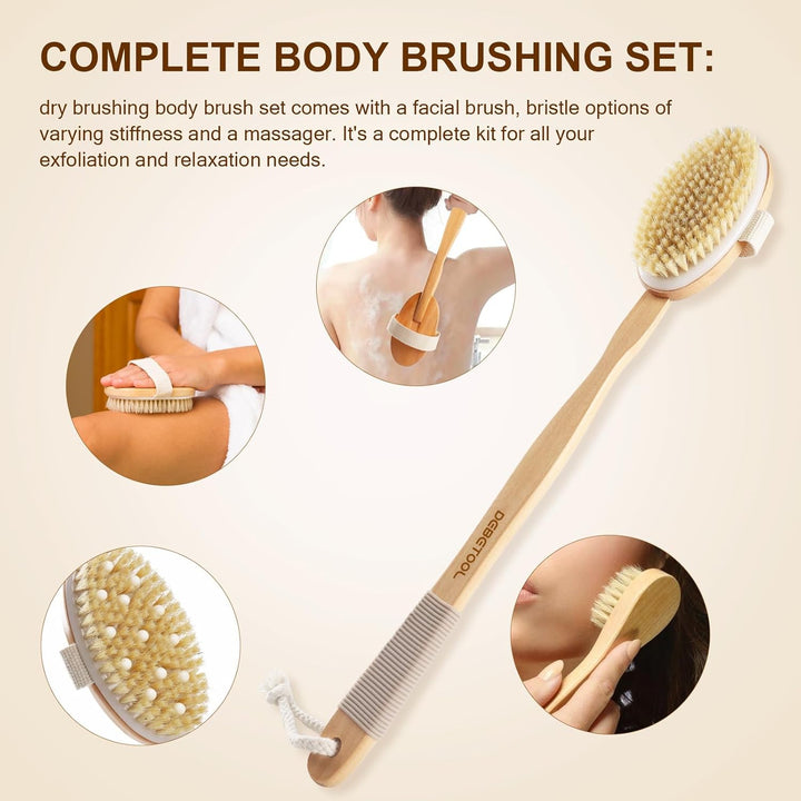 Dry Brushing Set - Natural Boar Bristle Body & Face Brush, Wooden Long Handle Scrub Brush for Cellulite & Lymphatic Drainage, Detachable, 3 Brush Heads