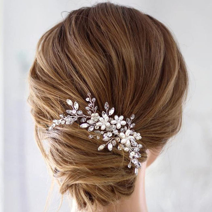 Bride Wedding Hair Comb Pearl Flower Hair Piece Rhinestone Bridal Hair Accessories for Women HC034 (Silver)